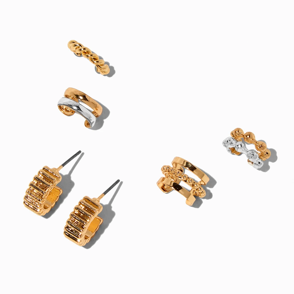 Gold-tone Textured Hoop & Ear Cuff Stack - 3 Pack