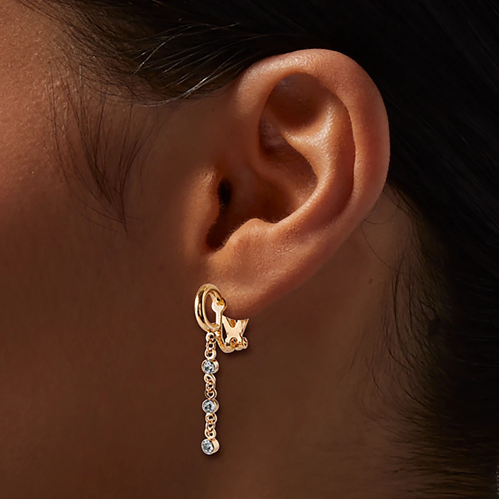 Gold-tone Embellished Chain Clip-On Stud Earrings - 3 Pack