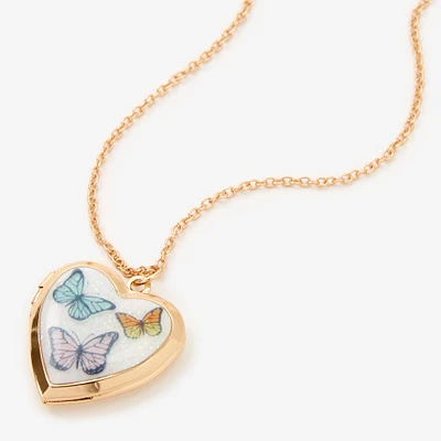 Gold Butterfly Heart Locket Pendant Necklace