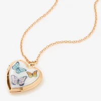 Gold Butterfly Heart Locket Pendant Necklace