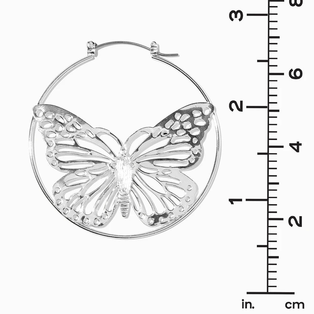 Silver-tone Filigree Butterfly 50mm Hoop Earrings 