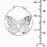 Silver-tone Filigree Butterfly 50mm Hoop Earrings 