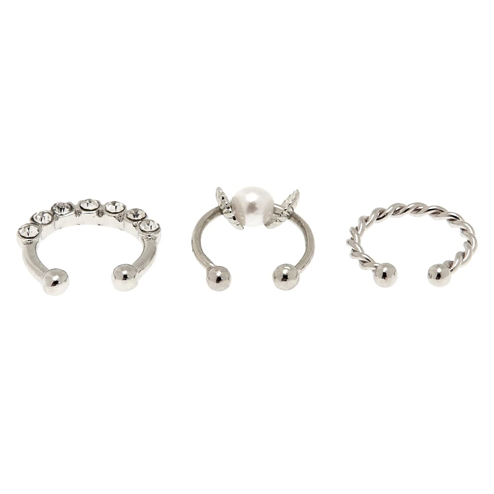 Silver-tone Crystal Pearl Faux Cartilage Earrings - 3 Pack