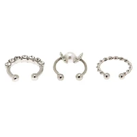 Silver-tone Crystal Pearl Faux Cartilage Earrings - 3 Pack