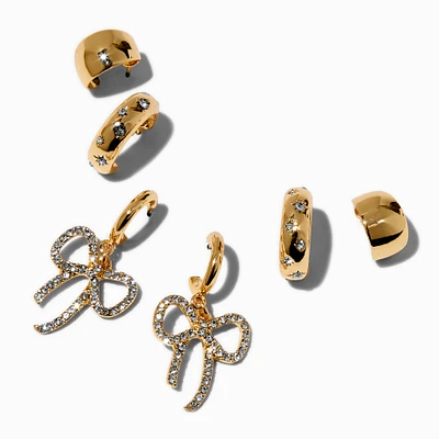 Gold-tone Crystal Bow Thick Hoops Earring Stackables Set - 3 Pack 
