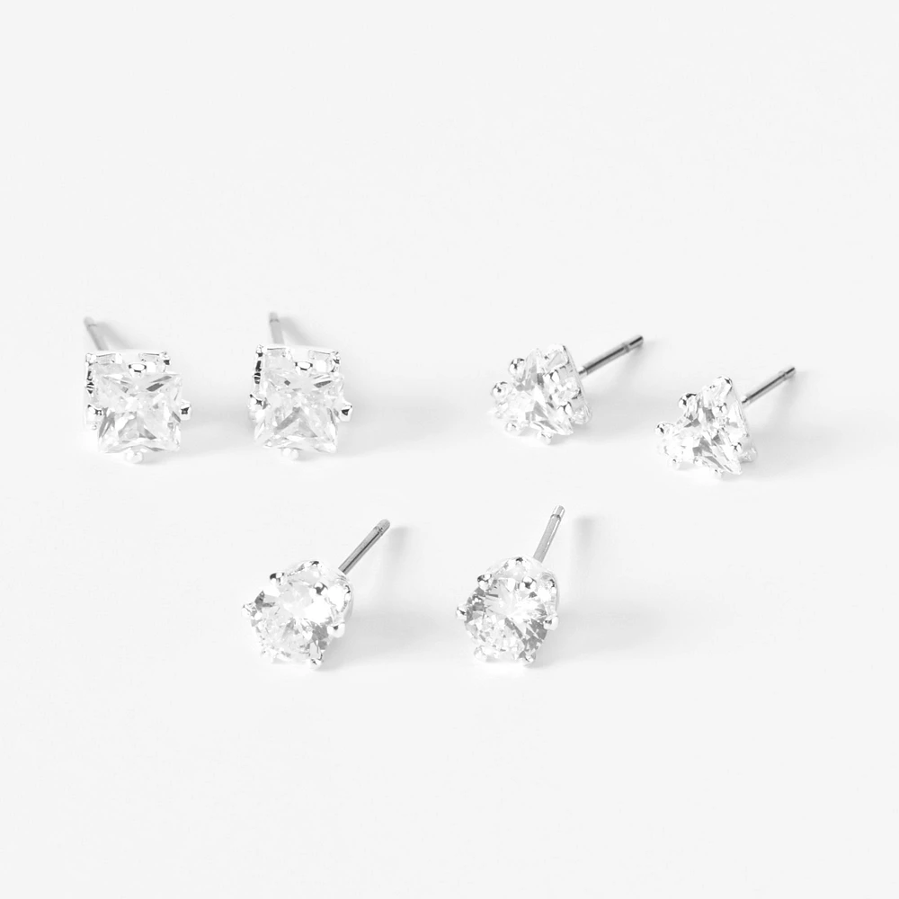 Silver-tone Cubic Zirconia Round Stud Earrings - 3 Pack