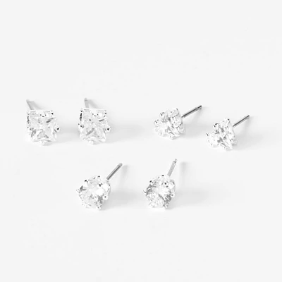 Silver-tone Cubic Zirconia Round Stud Earrings - 3 Pack