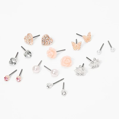 Pink Butterfly Heart Rose Stud Earrings - 9 Pack