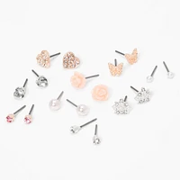 Pink Butterfly Heart Rose Stud Earrings - 9 Pack