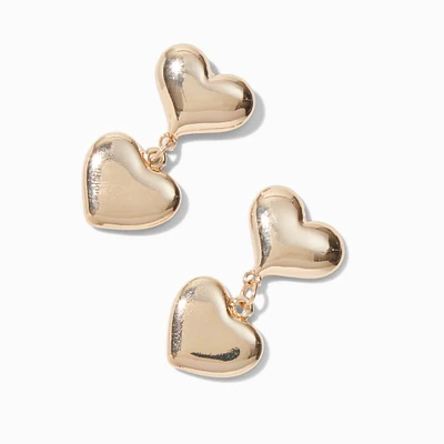 Gold-tone Puffy Double Heart Drop Earrings