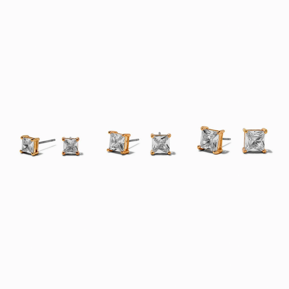Gold-tone Cubic Zirconia 5mm, 6mm, & 7mm Square Stud Earrings - 3 Pack