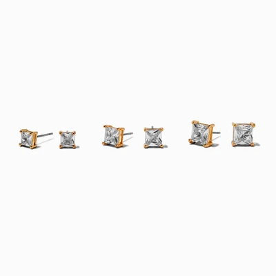 Gold-tone Cubic Zirconia 5mm, 6mm, & 7mm Square Stud Earrings - 3 Pack