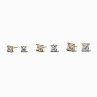 Gold-tone Cubic Zirconia 5mm, 6mm, & 7mm Square Stud Earrings - 3 Pack