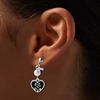 Black Heart & Pearl 1'' Clip-On Drop Earrings