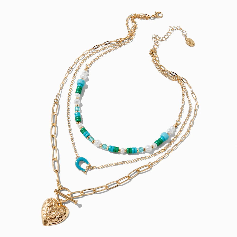 Gold-tone Heart Turquoise Beaded Multi-Strand Necklace