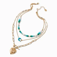 Gold-tone Heart Turquoise Beaded Multi-Strand Necklace