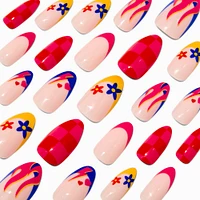 Red Check & Floral Icon Stiletto Vegan Faux Nail Set - 24 Pack