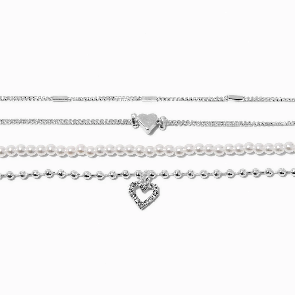 Silver-tone Heart & Pearl Chain Bracelets - 4 Pack 