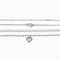 Silver-tone Heart & Pearl Chain Bracelets - 4 Pack 