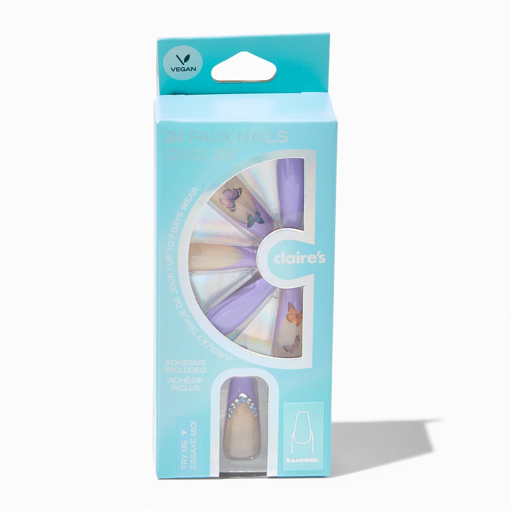 Butterfly French Tip Bling Squareletto Vegan Faux Nail Set