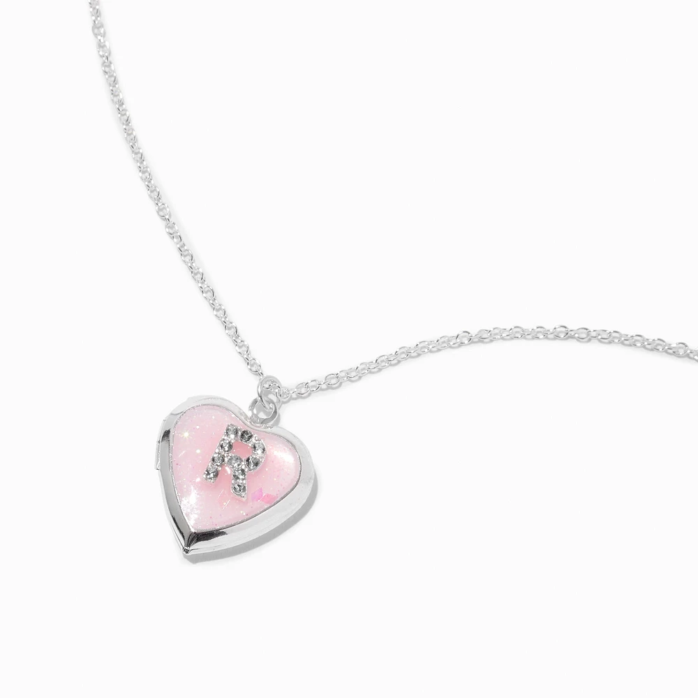 Pink Embellished Initial Glitter Heart Locket Necklace - R