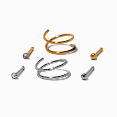 20G Mixed Metal Titanium Cubic Zirconia Nose Studs & Double Hoops - 6 Pack