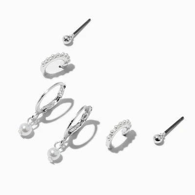 Silver-tone Pearl Hoop Earring Stack - 3 Pack 