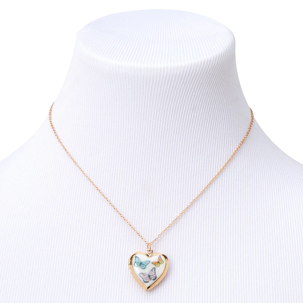 Gold Butterfly Heart Locket Pendant Necklace