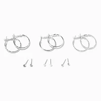 Silver-tone Textured Hoop & Studs Earrings Set
