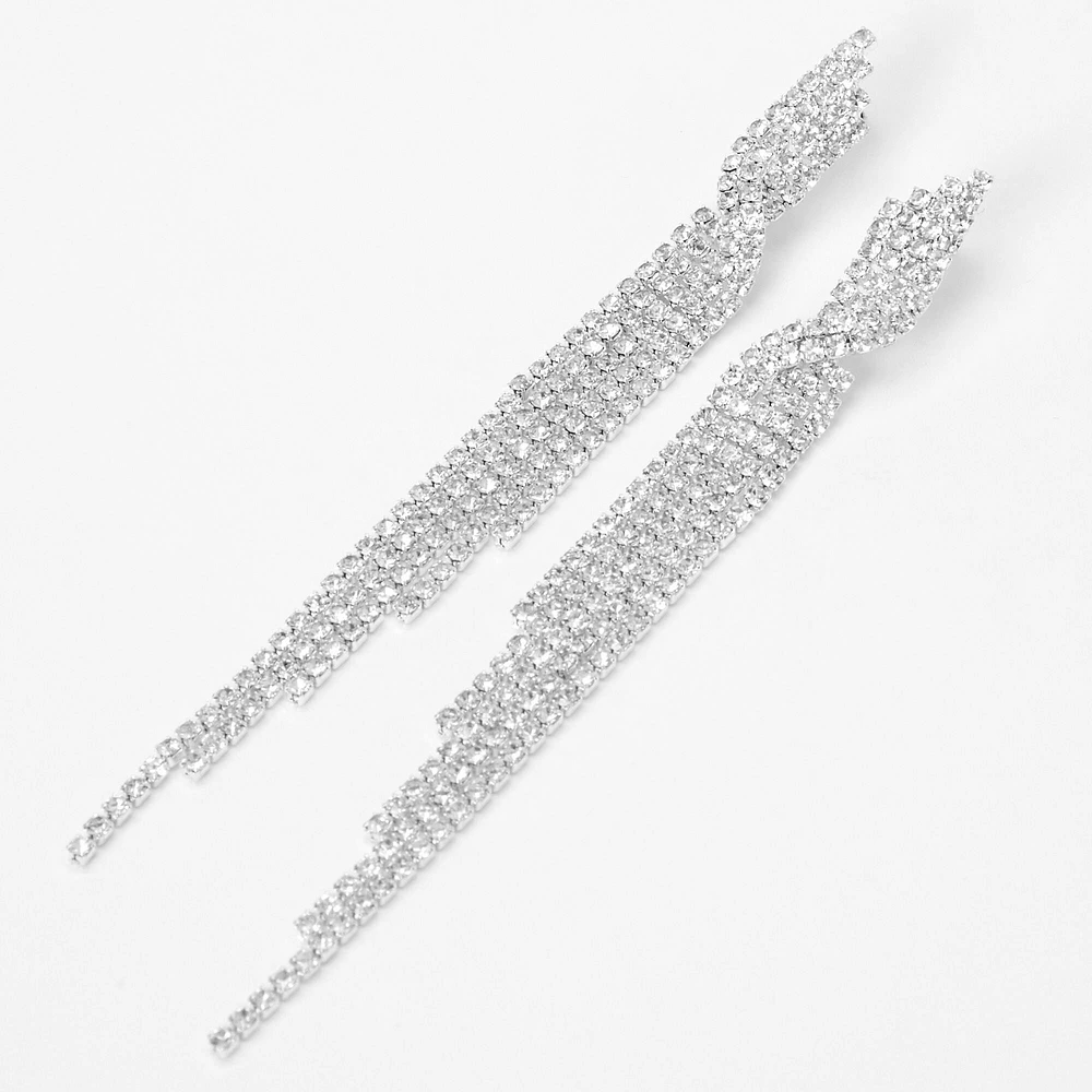 Silver Rhinestone Linear Twisted Fringe 3" Drop Earrings