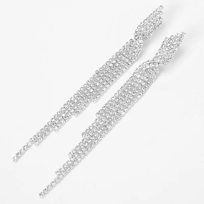 Silver Rhinestone Linear Twisted Fringe 3" Drop Earrings