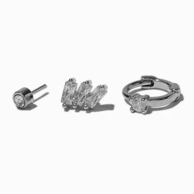 Silver-tone Stainless Steel Cubic Zirconia 18G Bezeled Stud & Hoop Threadless Cartilage Earrings - 3 Pack