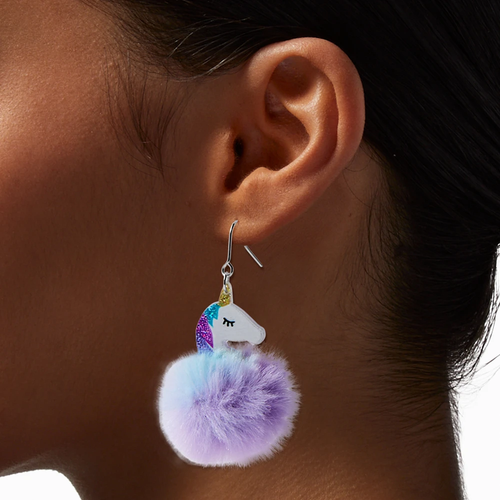 Purple & Blue Unicorn Pom 2" Drop Earrings