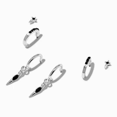 Silver-tone Black Spike Earring Stackables Set - 3 Pack