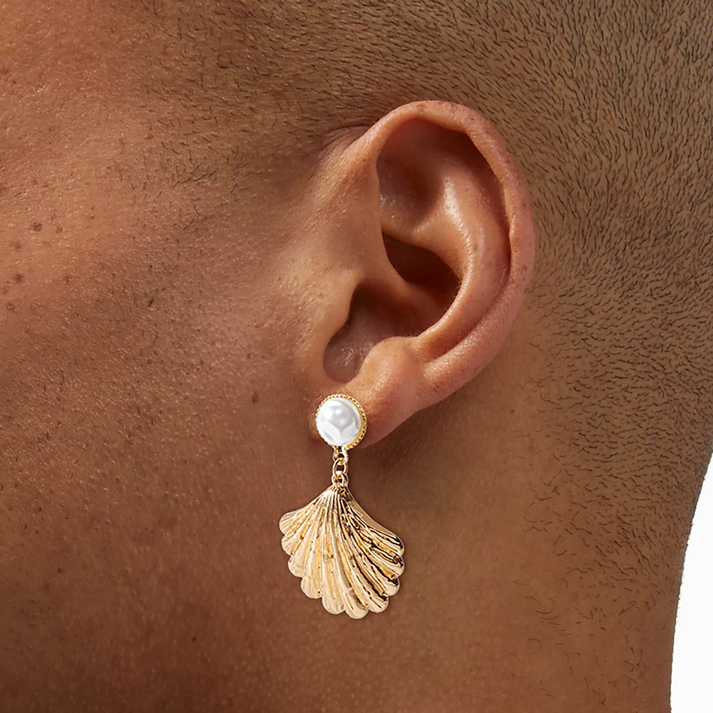 Gold-tone Pearl Seashell Drop Earrings