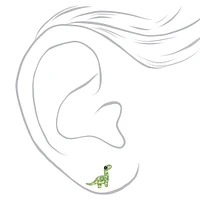 Sterling Silver Green Crystal Dinosaur Stud Earrings