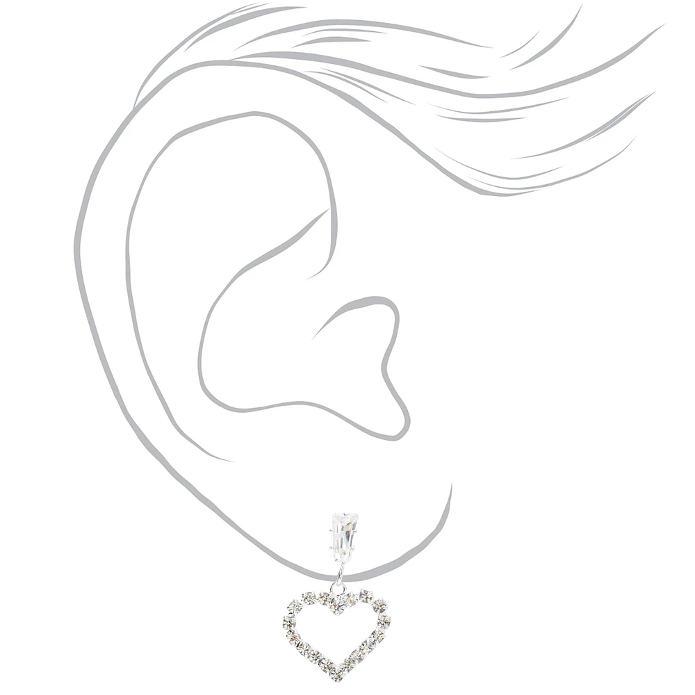 Silver-tone Rhinestone Heart 0.5" Drop Earrings