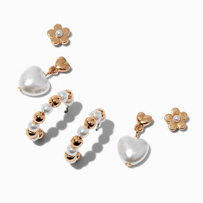 Gold-tone Pearl Hearts Earring Stackables Set - 3 Pack