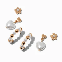 Gold-tone Pearl Hearts Earring Stackables Set - 3 Pack