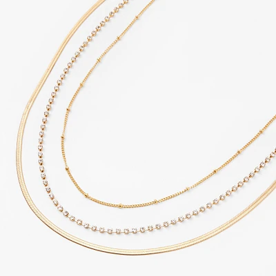 Gold Beaded, Rhinestone & Snake Chain Necklaces - 3 Pack 