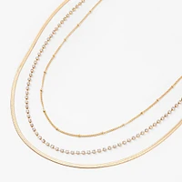 Gold Beaded, Rhinestone & Snake Chain Necklaces - 3 Pack 