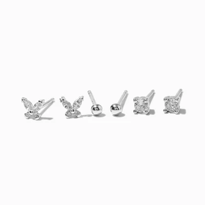 C LUXE by Claire's Sterling Silver Crystal Butterfly, Crystal Square, & Ball Stud Earrings - 3 Pack
