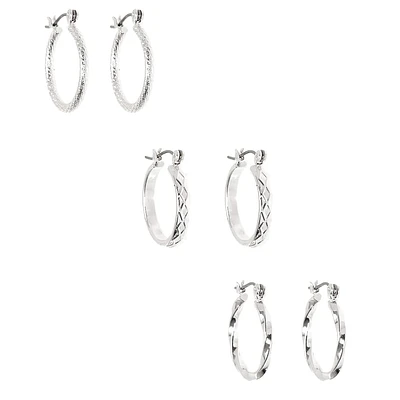 Silver-tone Thick Textured 20mm Hoop Earrings - 3 Pack