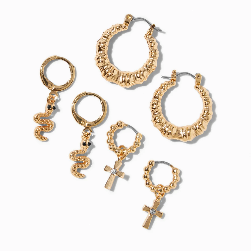 Gold-tone Bamboo Cross Snake Hoop Earring Stackables Set - 3 Pack