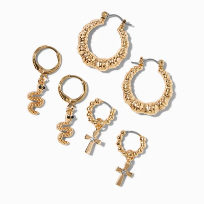 Gold-tone Bamboo Cross Snake Hoop Earring Stackables Set - 3 Pack