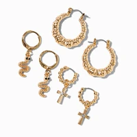 Gold-tone Bamboo Cross Snake Hoop Earring Stackables Set - 3 Pack