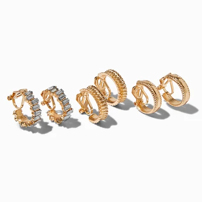 Gold-tone Crystal Textured 20mm Hoop Clip-On Earrings - 3 Pack