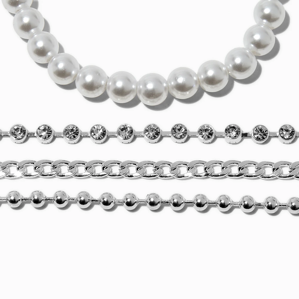 Silver-tone Bead & Pearl Bracelet Set - 4 Pack 