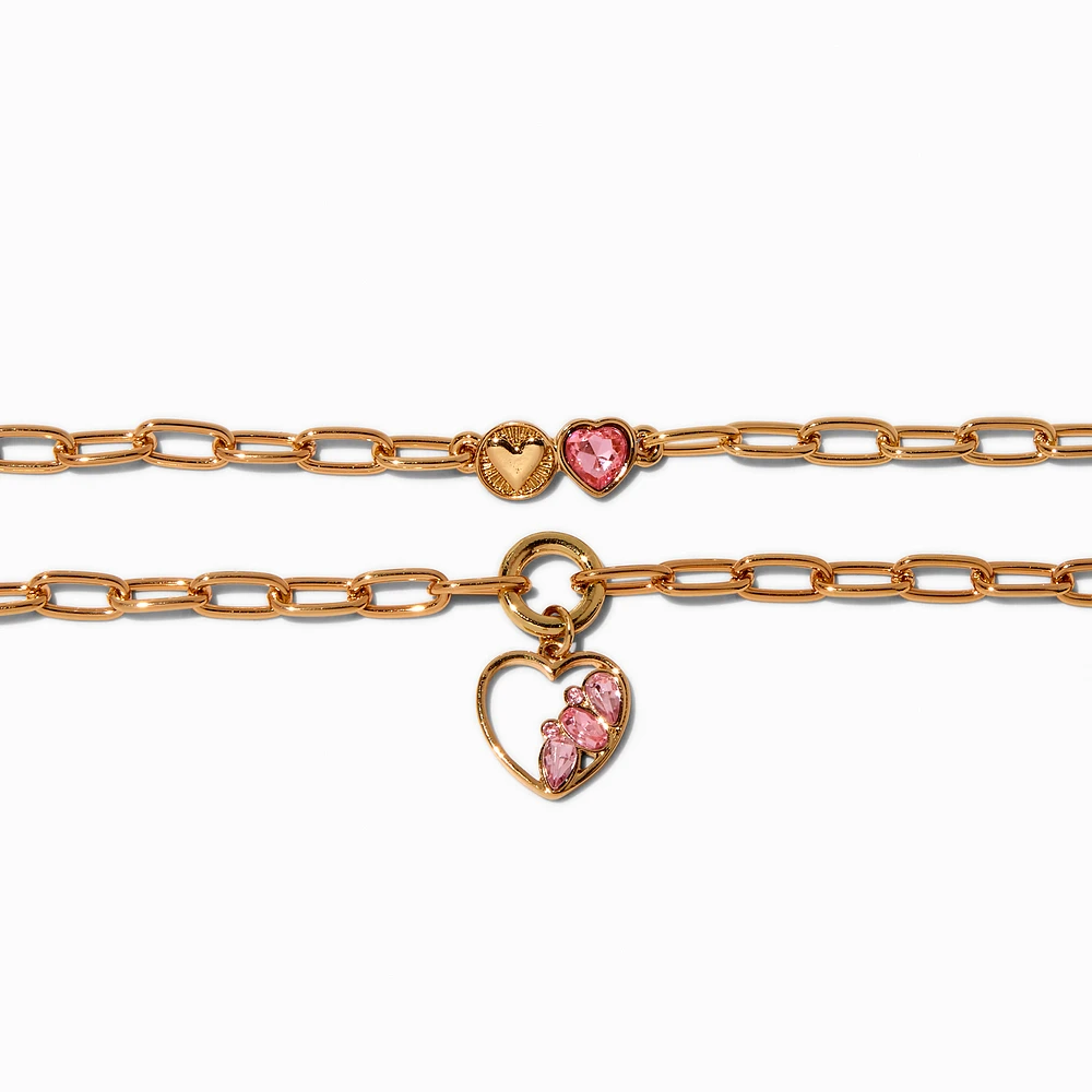 Pink Gem Heart Charm Gold-tone Paperclip Chain Bracelets- 2 Pack
