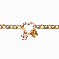 Gold-tone Pink Heart Link Chain Bracelet